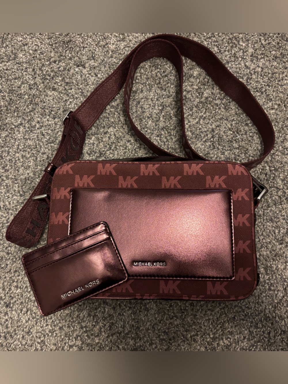 Michael Kors Men’s Burgundy MK Logo Belt Bag with Matching Card Case